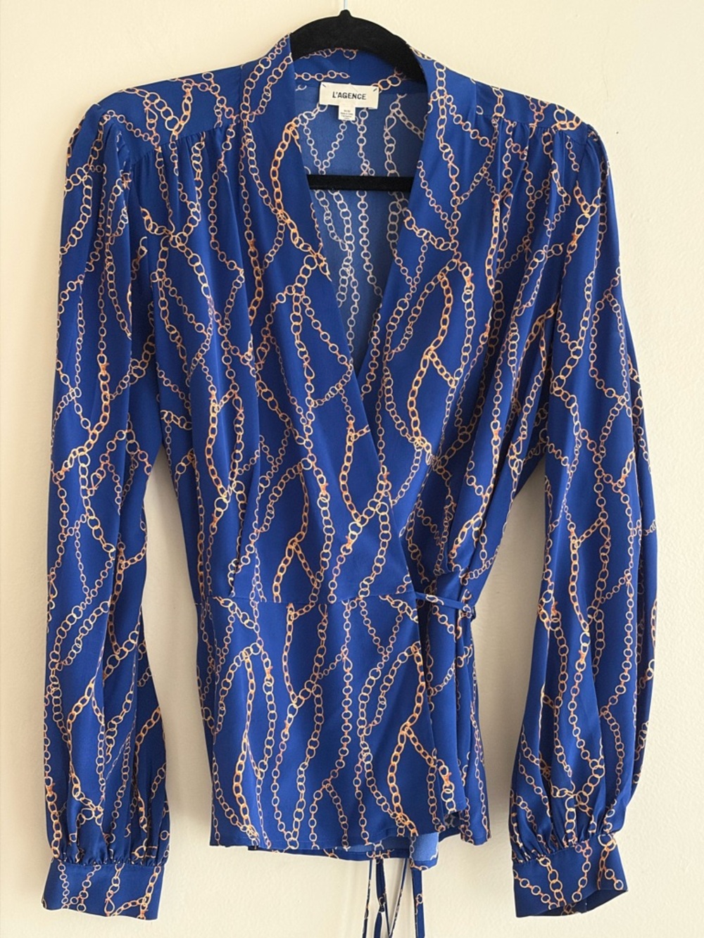 L’Agence Cara Wrap Silk Gold Chain Print Long Sleeve Blouse Size M